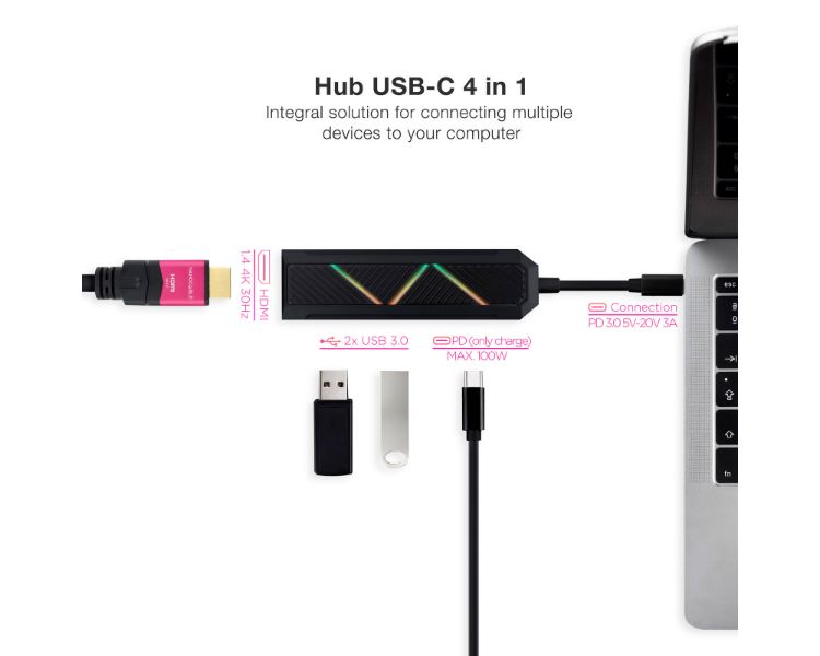 HUB USB-C 4 PUERTOS USB 3.0 RGB NANOCABLE