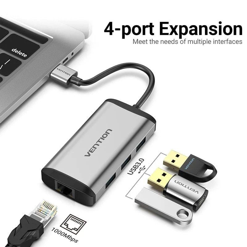 HUB 4 PUERTOS USB 3.0 3xUSB RJ45 0.15 M GRIS VENTION