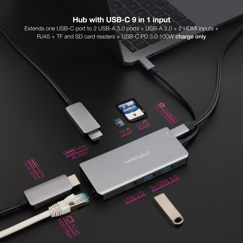 HUB USB-C 9 PUERTOS USB 3.2 15 CM NANOCABLE